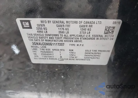 2016 Chevrolet Equinox Lt из США, поврежденный, VIN 2GNALCEK6G1117207